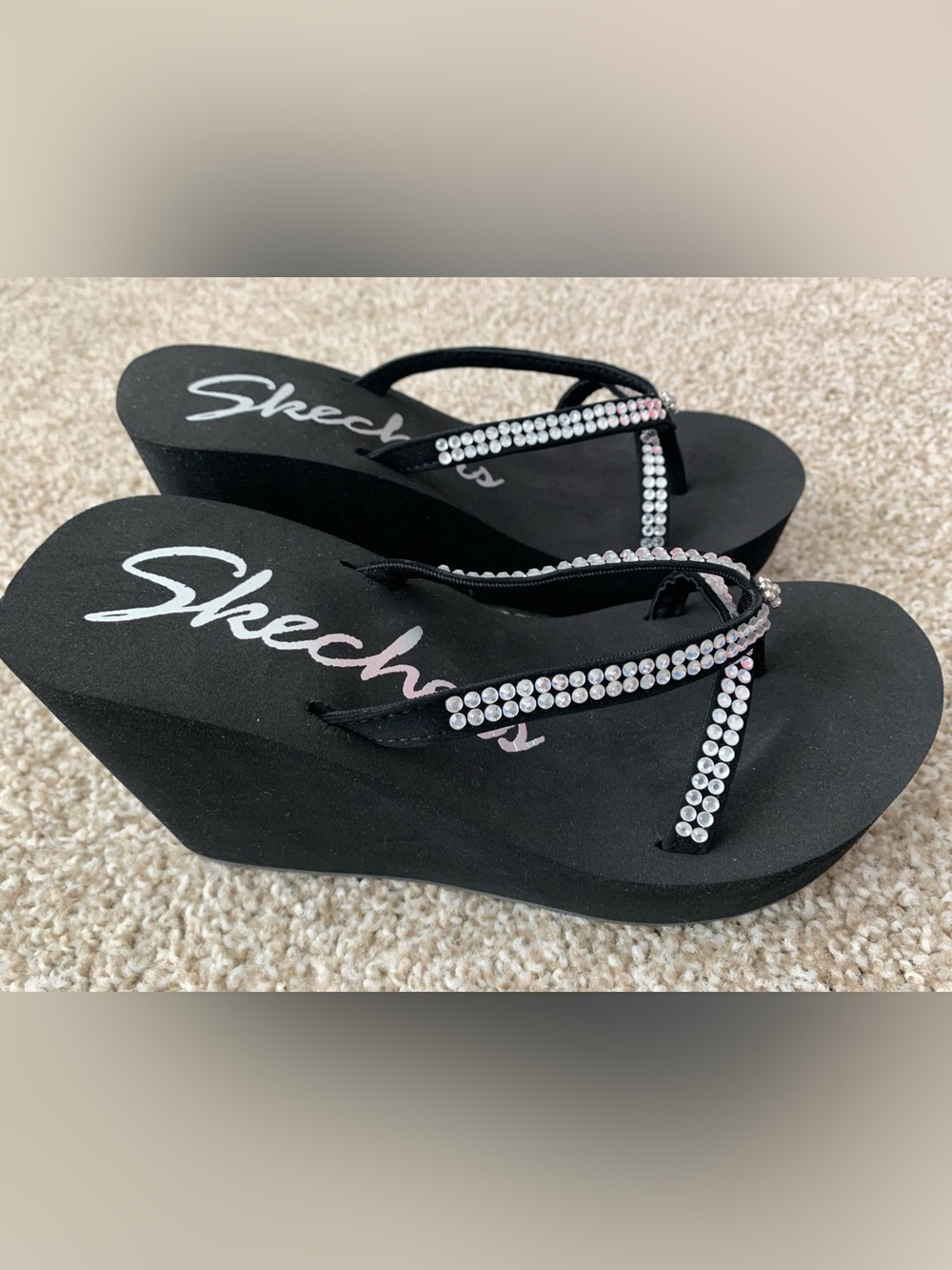 Skechers Black Wedge Flip Flops with Rhinestone Straps